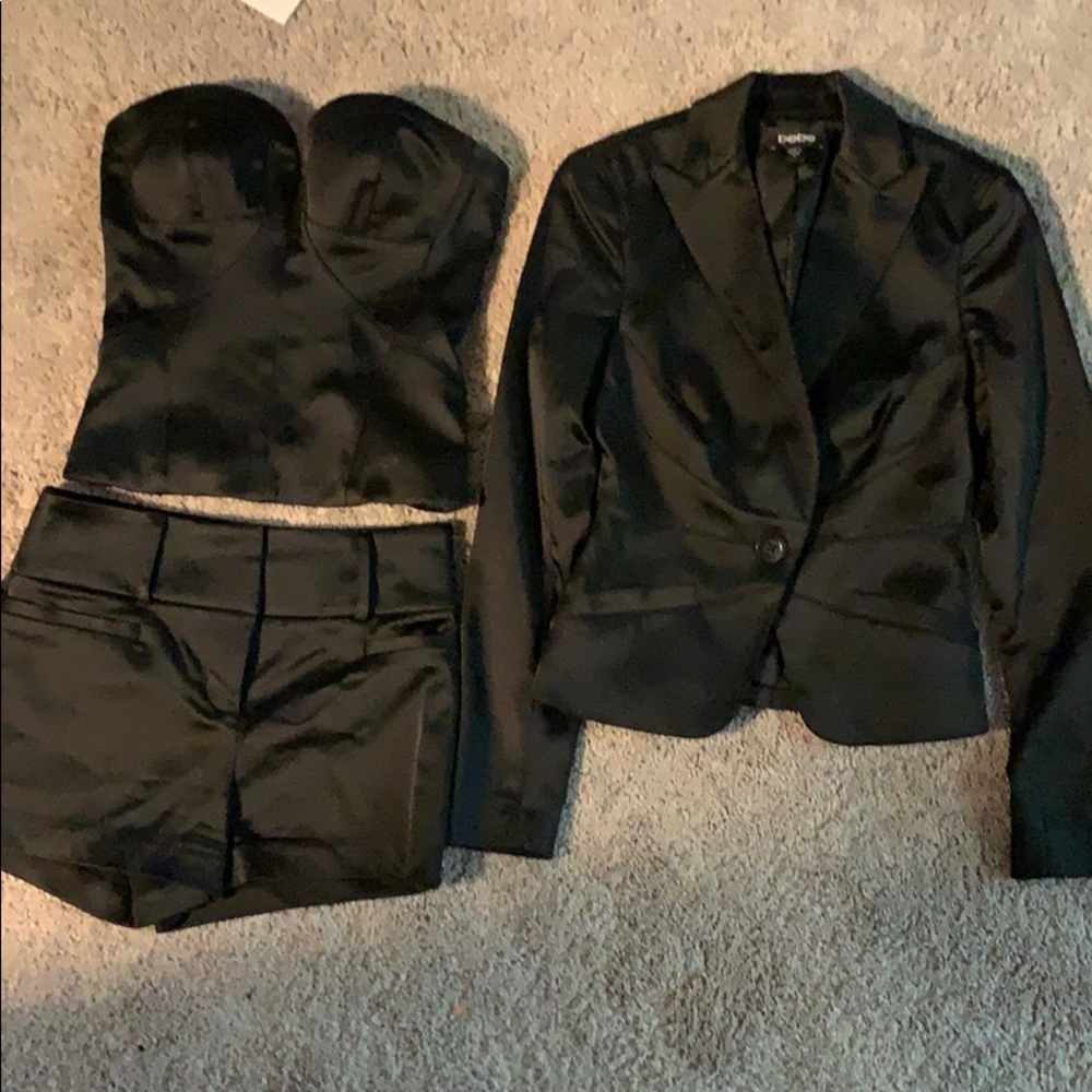 Three piece satin BEBE short boustier and  blazer